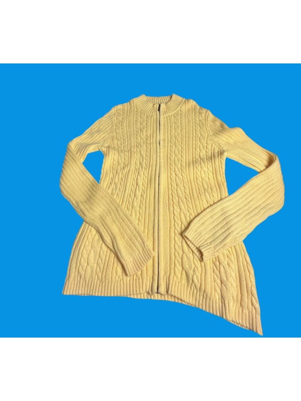 Yellow Full-Zip Cable Knit Cotton Cardigan Sweater M Ribbed Sleeves Womens